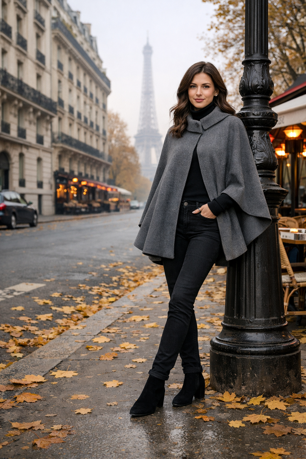 Paris outfits november: gray wool cape with slim black denim for a chic fall stroll in Paris Paris outfits november: gray wool cape with slim black denim for a chic fall stroll in Paris