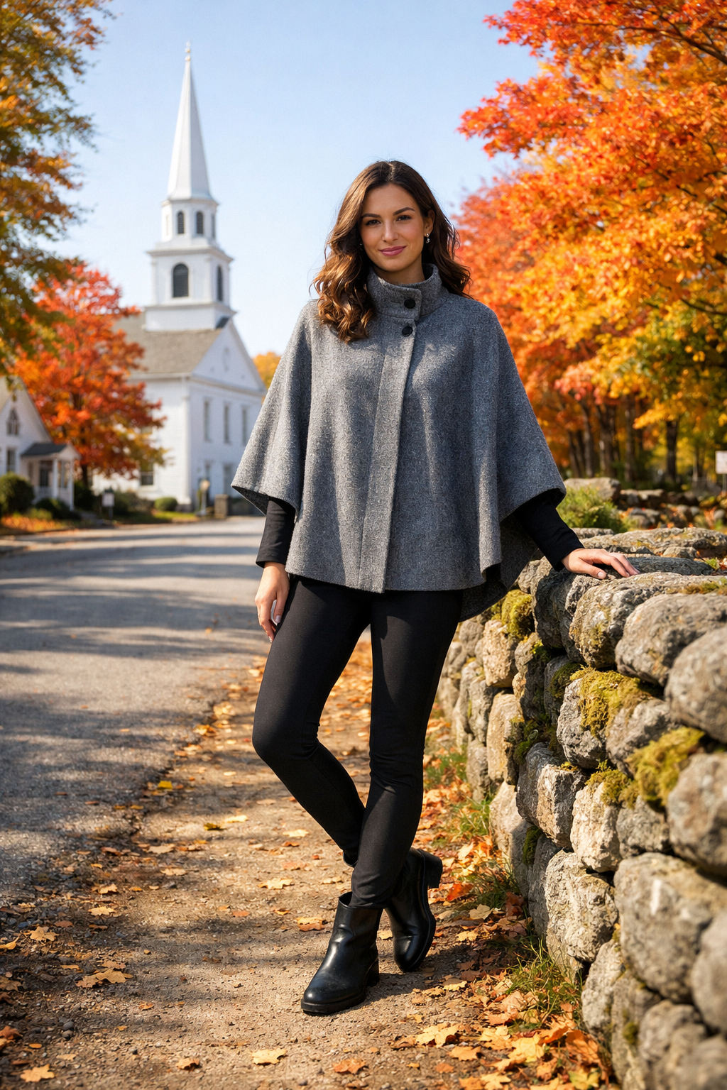 Heather gray wool cape and black ponte leggings for new england fall outfits, Destination Heather gray wool cape and black ponte leggings for new england fall outfits, Destination