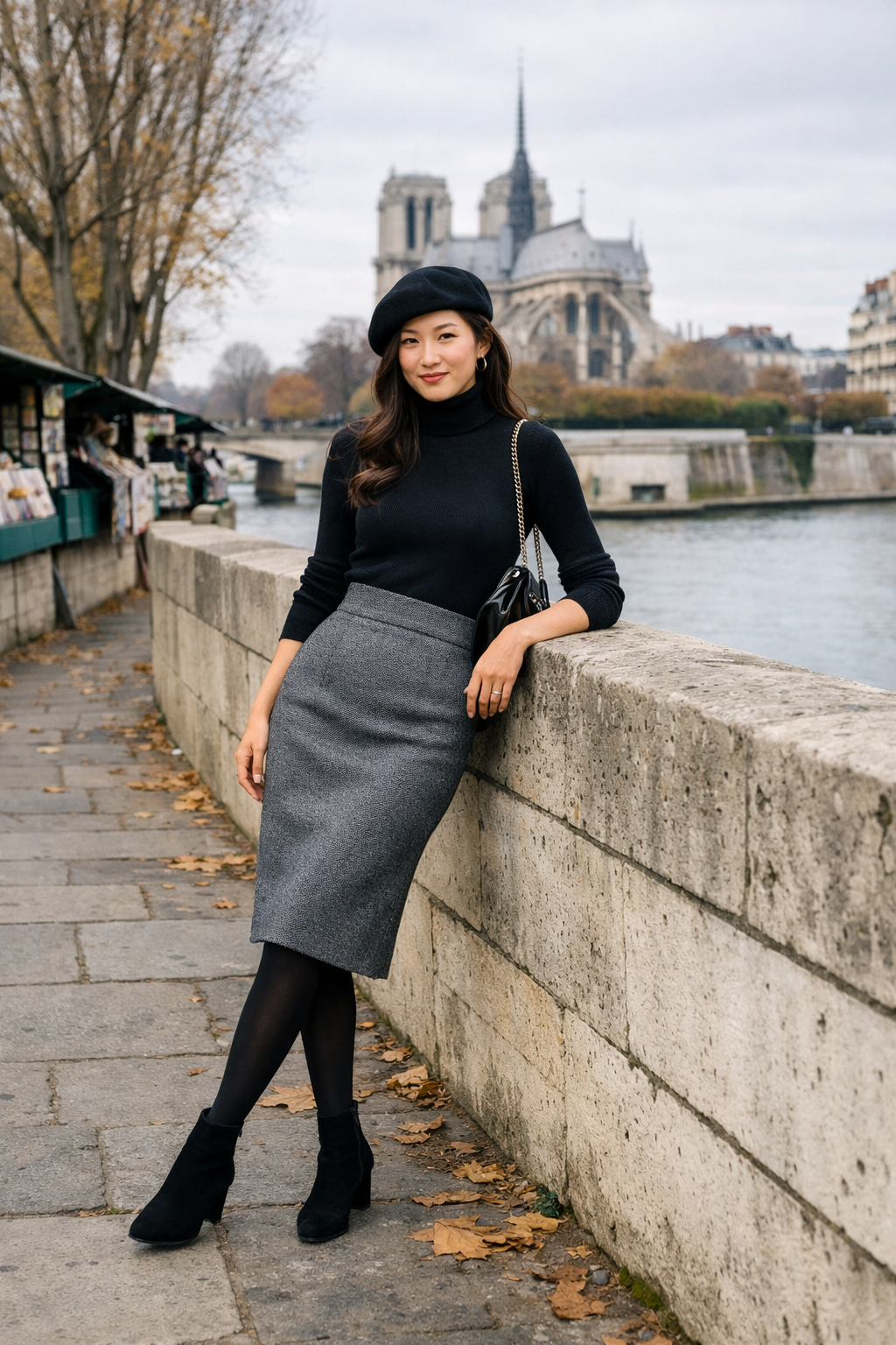 Herringbone wool pencil skirt with fitted knit—paris winter outfits for effortless style in Paris