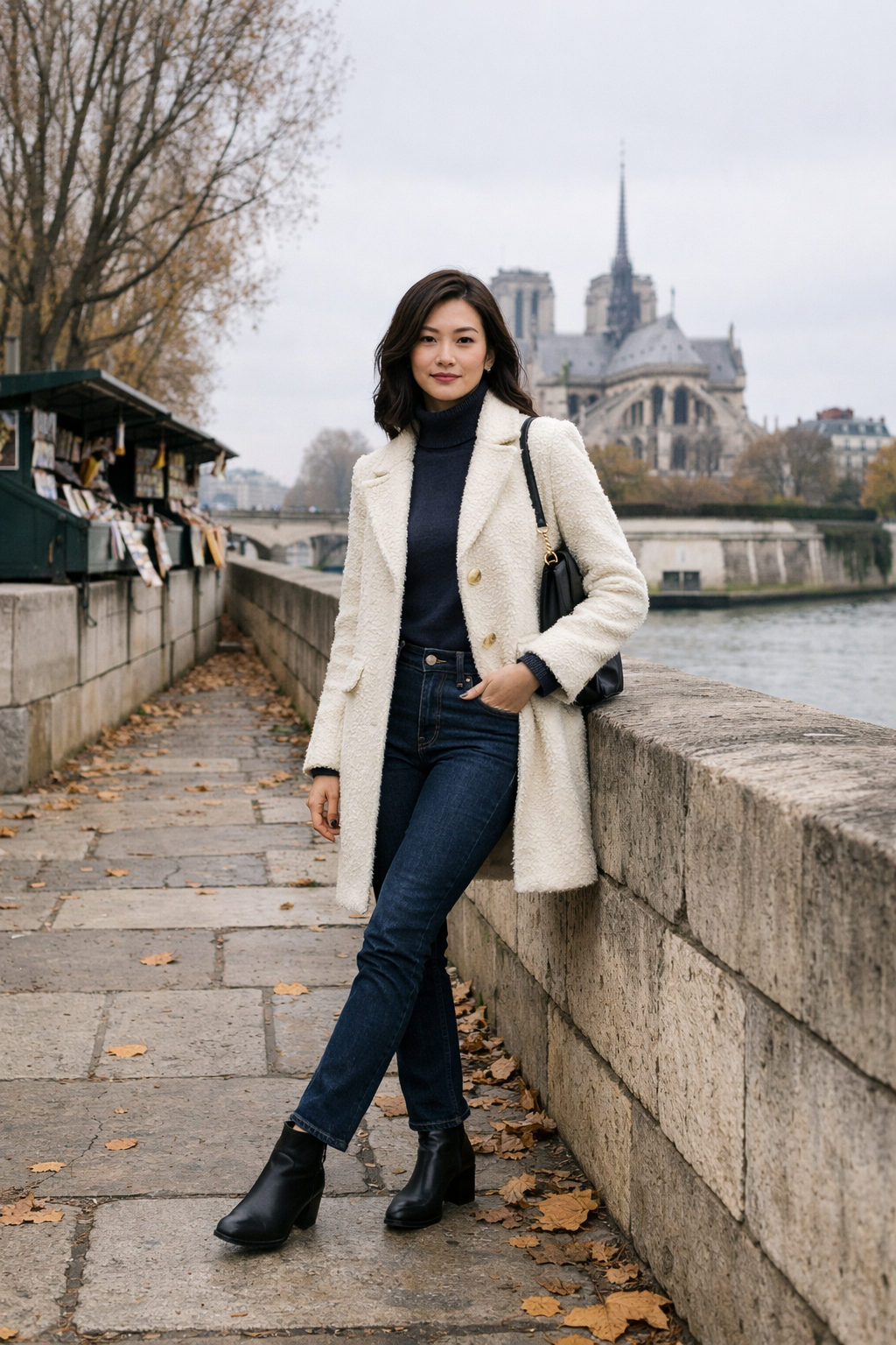 Ivory bouclé coat with dark denim—paris winter outfits in Paris destination winter style