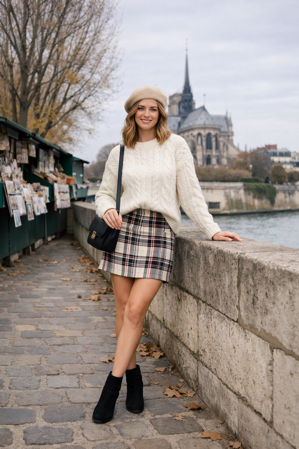 Ivory cable-knit pullover with plaid mini skirt—paris winter outfits for a chic look in Paris