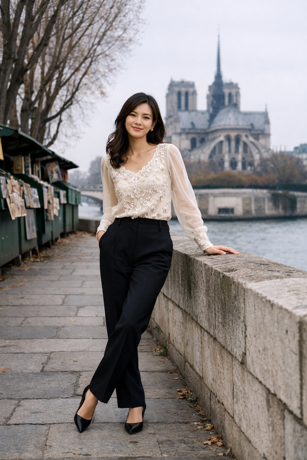 Ivory embroidered evening blouse with black trousers for paris winter outfits in Paris
