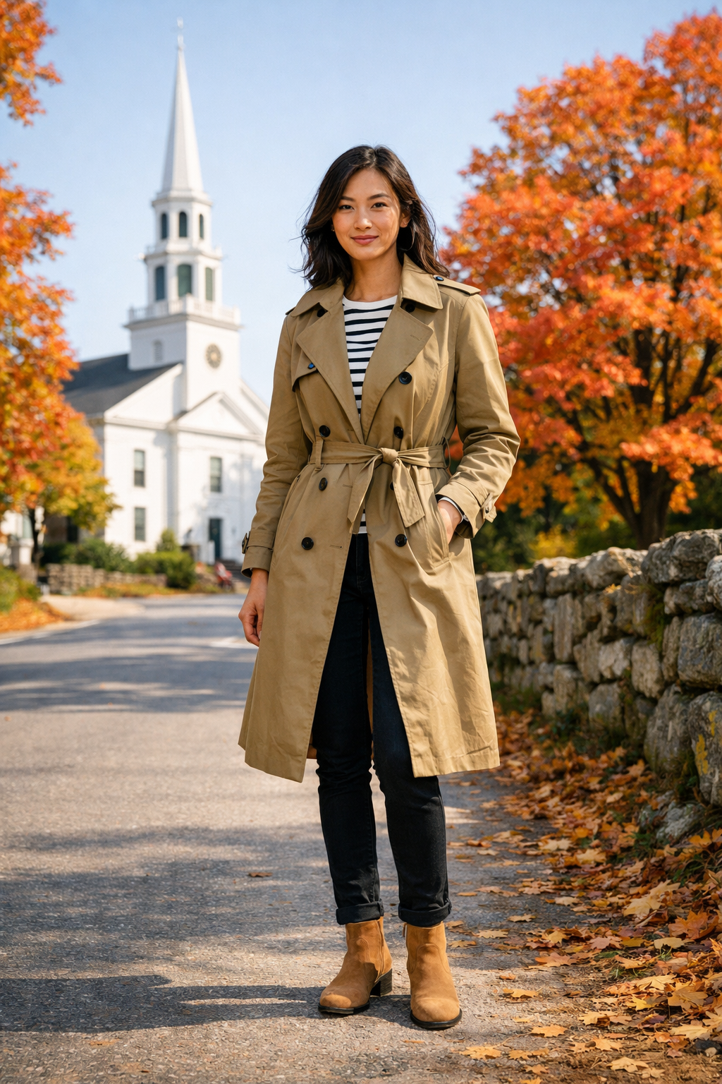 Khaki belted cotton trench with striped Breton top—new england fall outfits, perfect for destination fall days Khaki belted cotton trench with striped Breton top—new england fall outfits, perfect for destination fall days