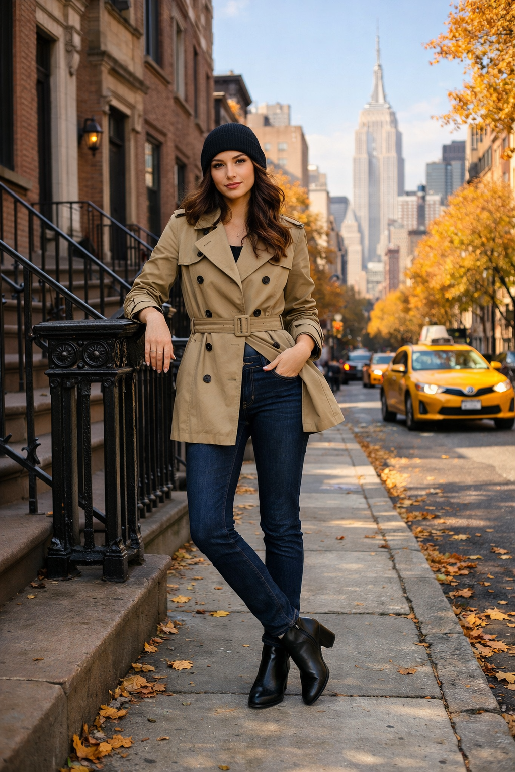 Khaki cotton double-breasted trench with dark wash denim—new york outfits in Destination Khaki cotton double-breasted trench with dark wash denim—new york outfits in Destination