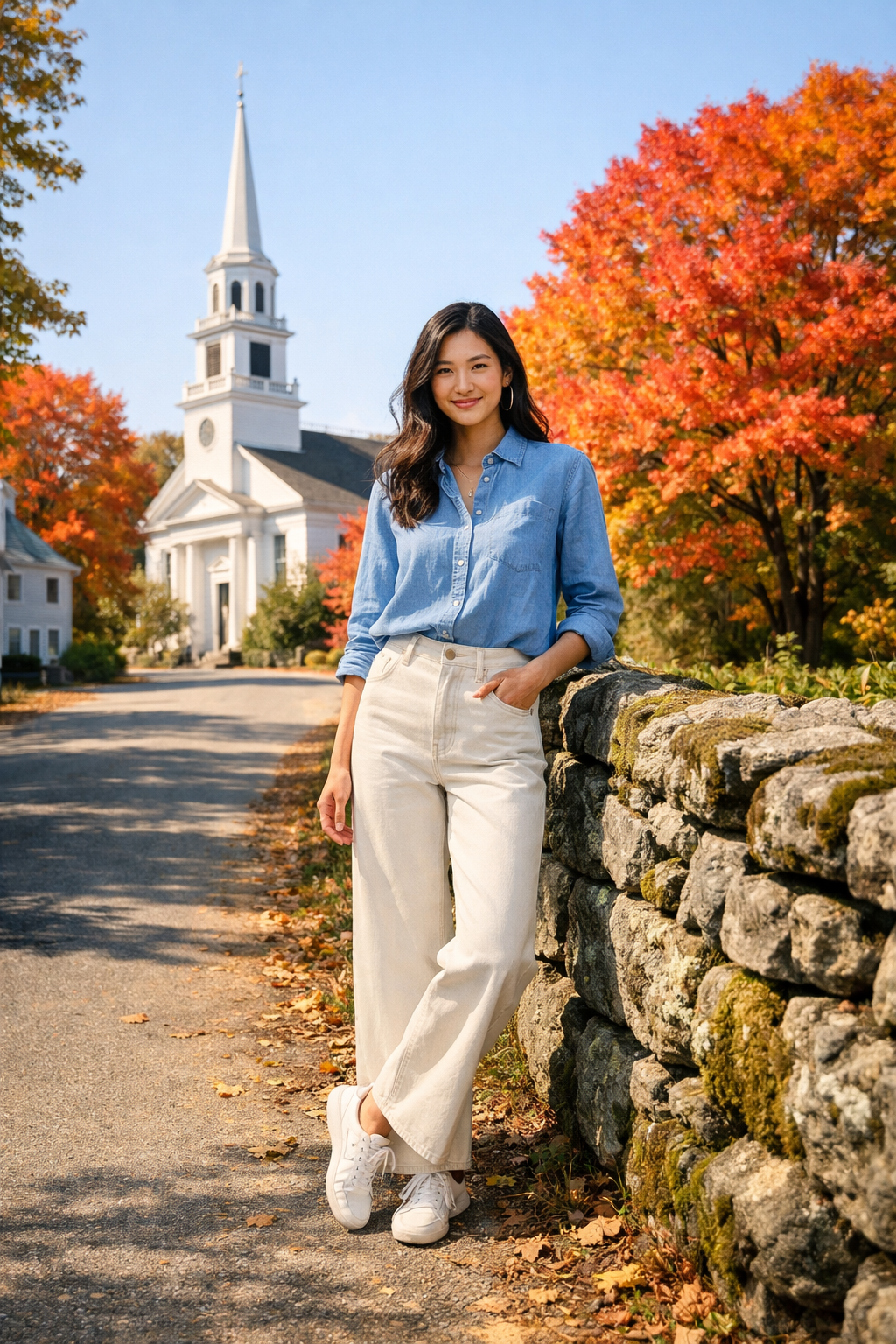Light blue chambray button-down with ivory wide-leg denim for new england fall outfits—perfect in destination Light blue chambray button-down with ivory wide-leg denim for new england fall outfits—perfect in destination