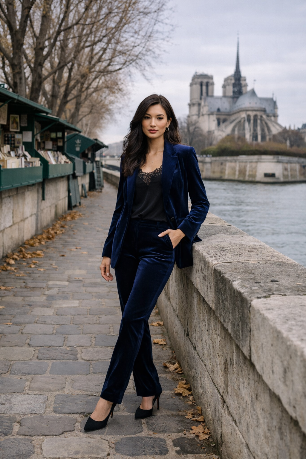 Midnight velvet suit with lace camisole for paris winter outfits in Paris