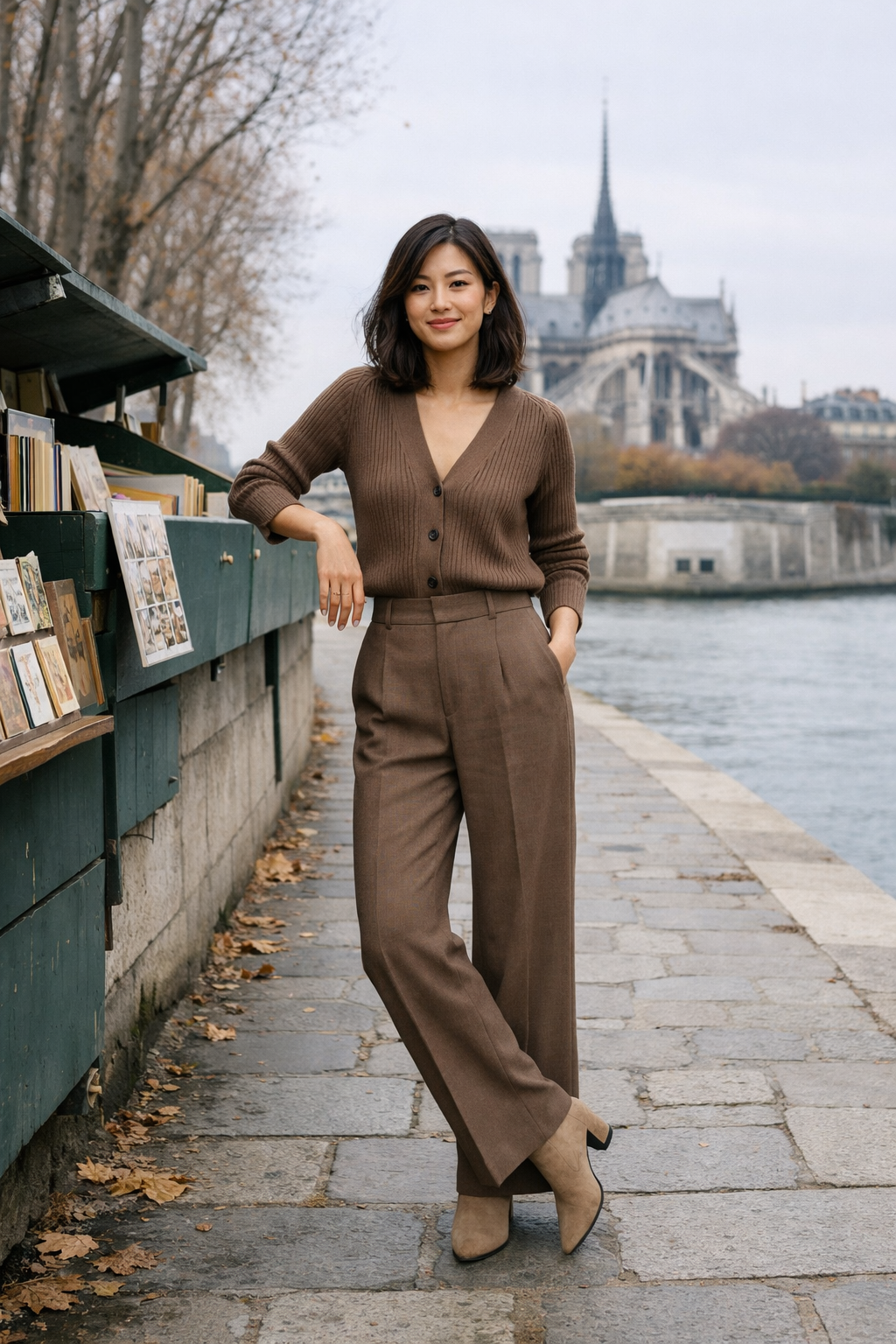 Mocha ribbed cardigan with tailored trousers, ideal for paris winter outfits in Destination