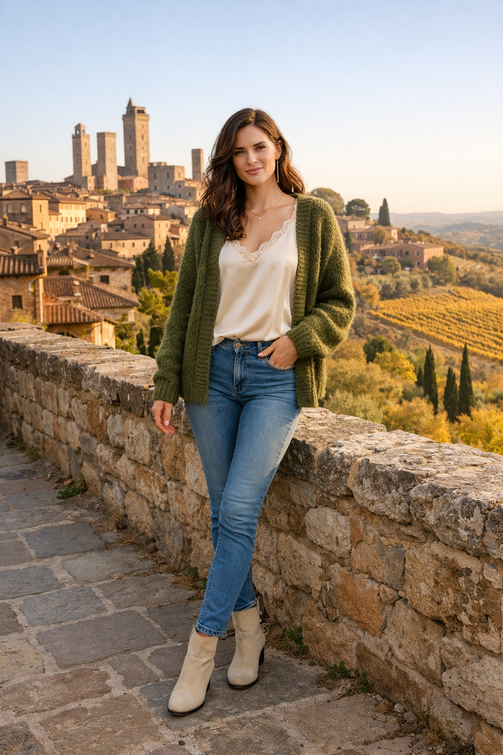Moss-green chunky cardigan and cream satin camisole for italy fall outfits—perfect for destination travel days