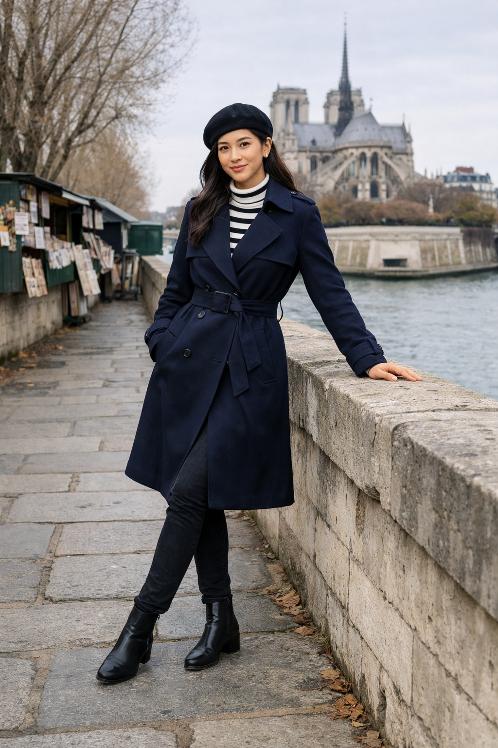 Paris winter outfits: Navy belted trench with striped knit for chic winter street style in destination