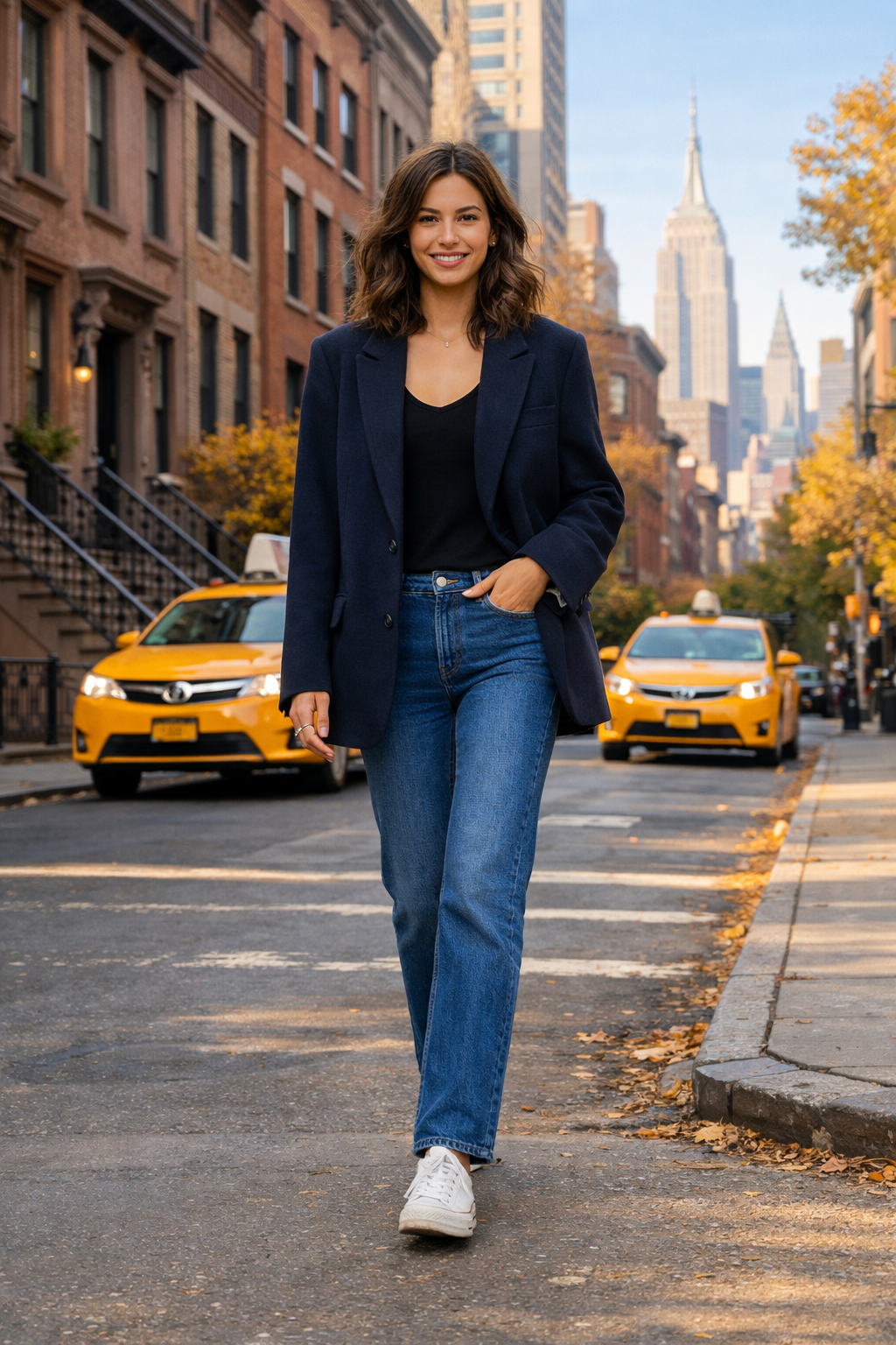 Navy oversized wool blazer with blue straight jeans—new york outfits for style in New York Navy oversized wool blazer with blue straight jeans—new york outfits for style in New York
