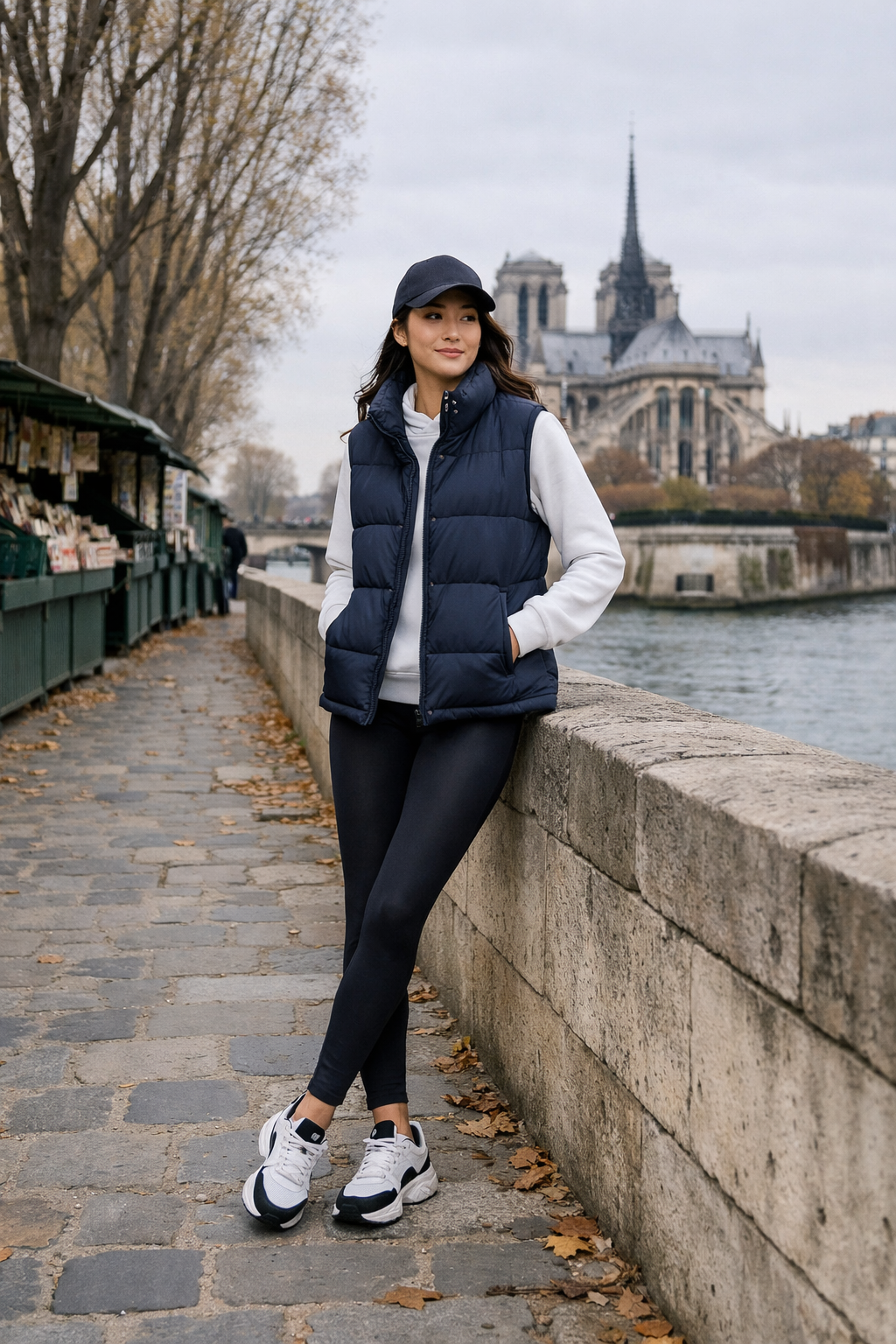 Navy padded vest with monochrome athleisure—perfect for paris winter outfits in Paris