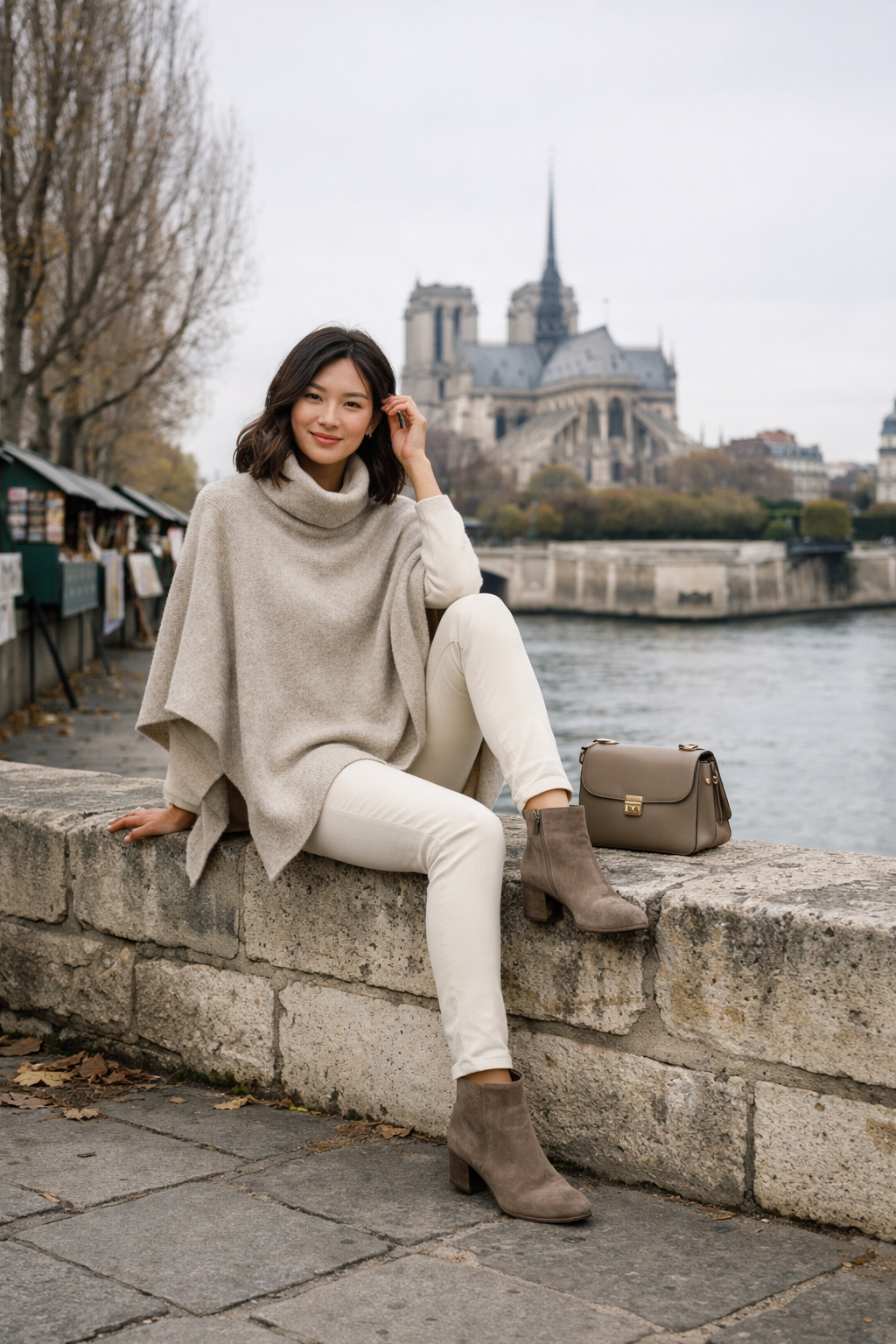 Oatmeal cashmere poncho with skinny trousers for paris winter outfits in Paris