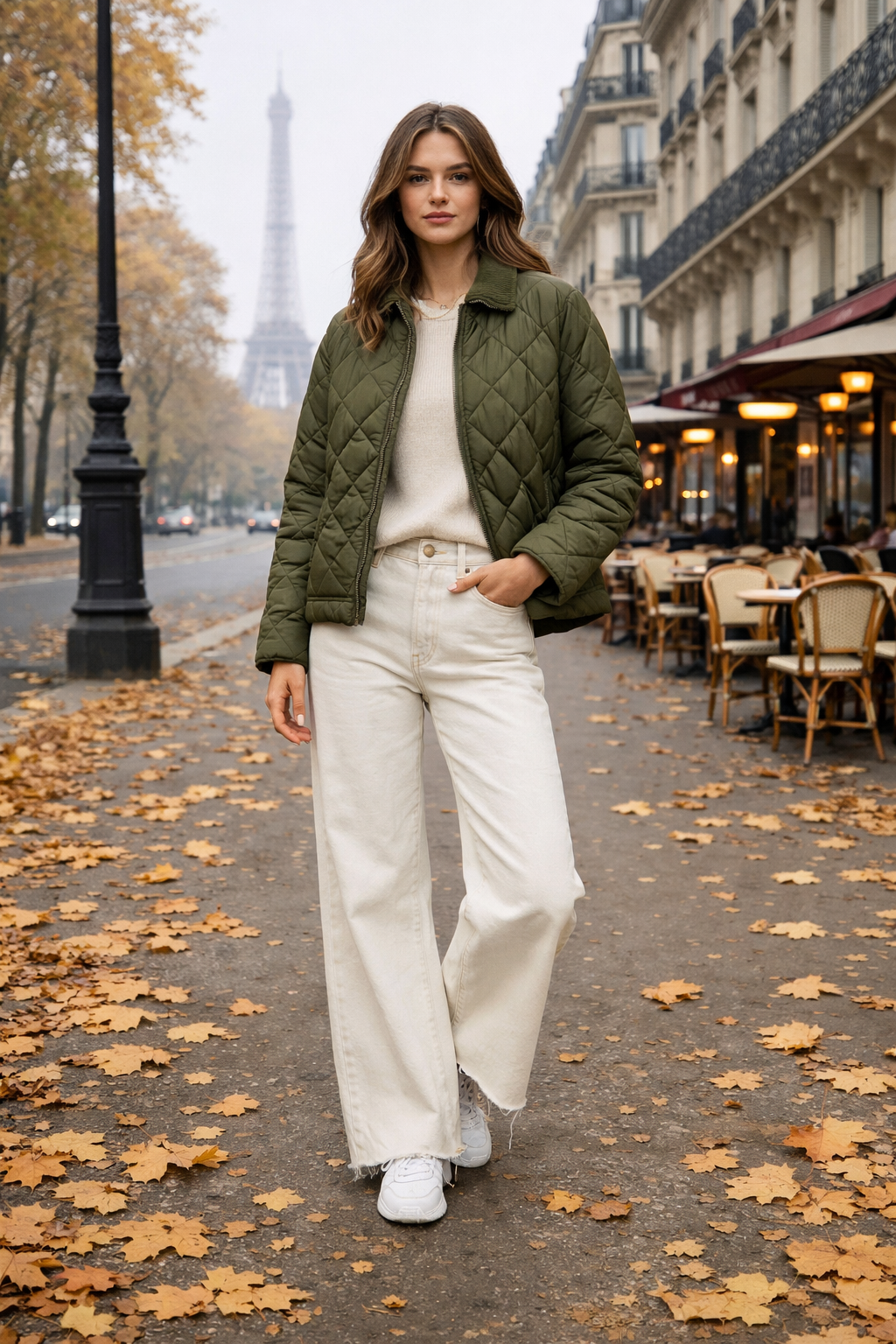 Olive quilted jacket with cream wide-leg denim for paris outfits november in Paris Olive quilted jacket with cream wide-leg denim for paris outfits november in Paris