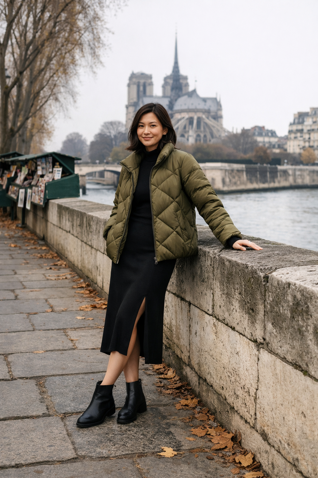 Olive quilted puffer with black midi dress for paris winter outfits in Paris