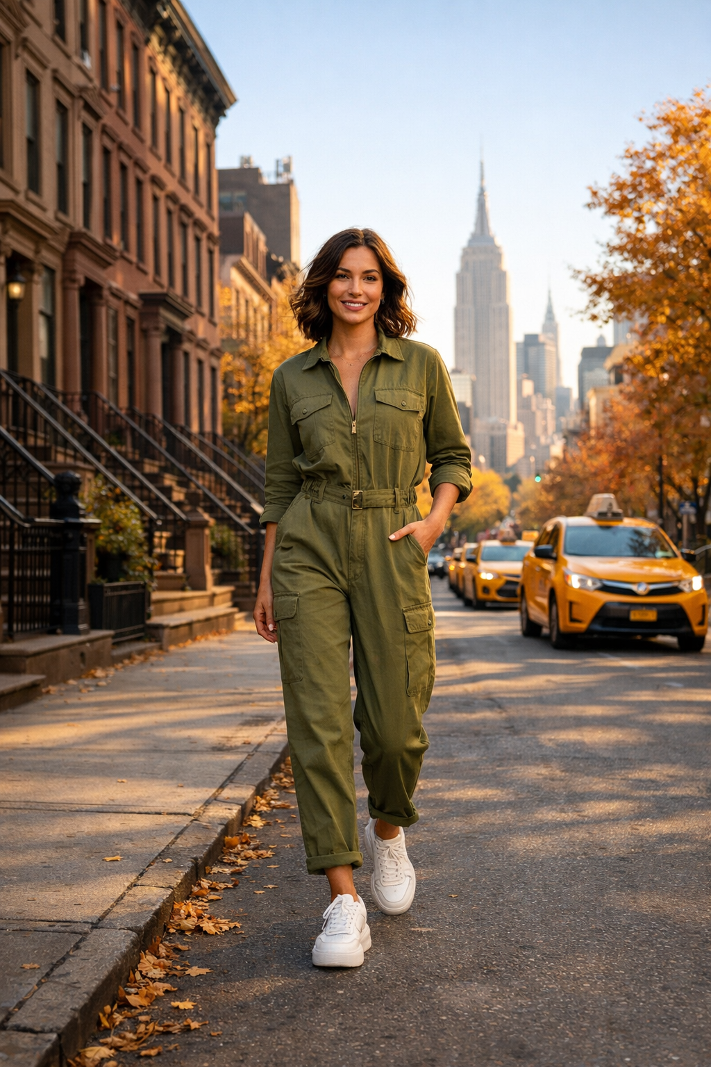 Olive utility cotton jumpsuit with white platform sneakers—new york outfits for Destination: NYC Olive utility cotton jumpsuit with white platform sneakers—new york outfits for Destination: NYC