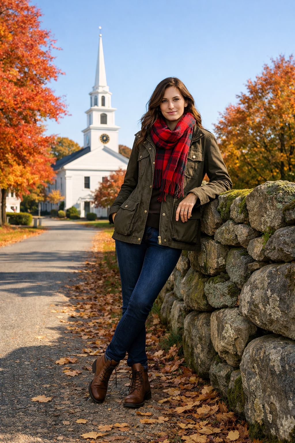 Olive waxed field jacket with red plaid wool scarf for new england fall outfits—destination: Olive waxed field jacket with red plaid wool scarf for new england fall outfits—destination: