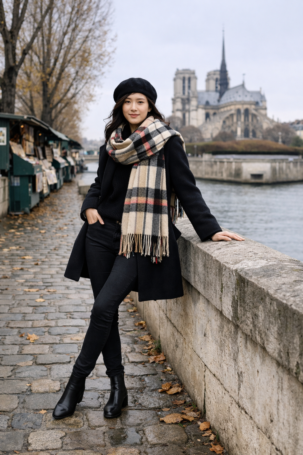 Oversized plaid scarf with minimal black look—paris winter outfits style in