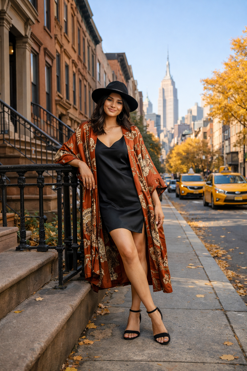 Rust silk printed kimono with black slip base—stylish new york outfits for your destination look Rust silk printed kimono with black slip base—stylish new york outfits for your destination look