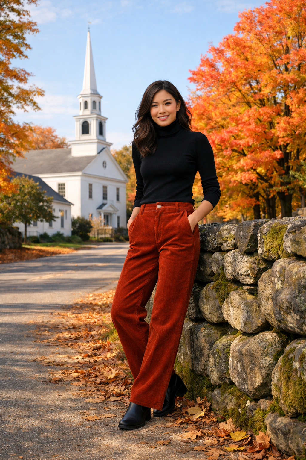 New England fall outfits: rust wide-wale corduroy trousers with black fitted turtleneck, Destination New England fall outfits: rust wide-wale corduroy trousers with black fitted turtleneck, Destination