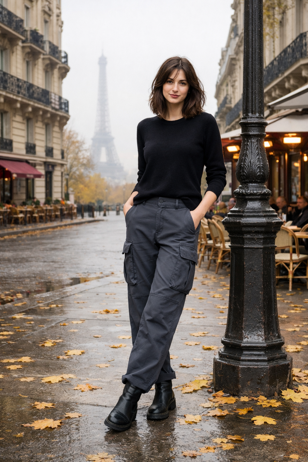 Slate cargo pants with black cashmere crewneck—paris outfits november style for your destination Slate cargo pants with black cashmere crewneck—paris outfits november style for your destination