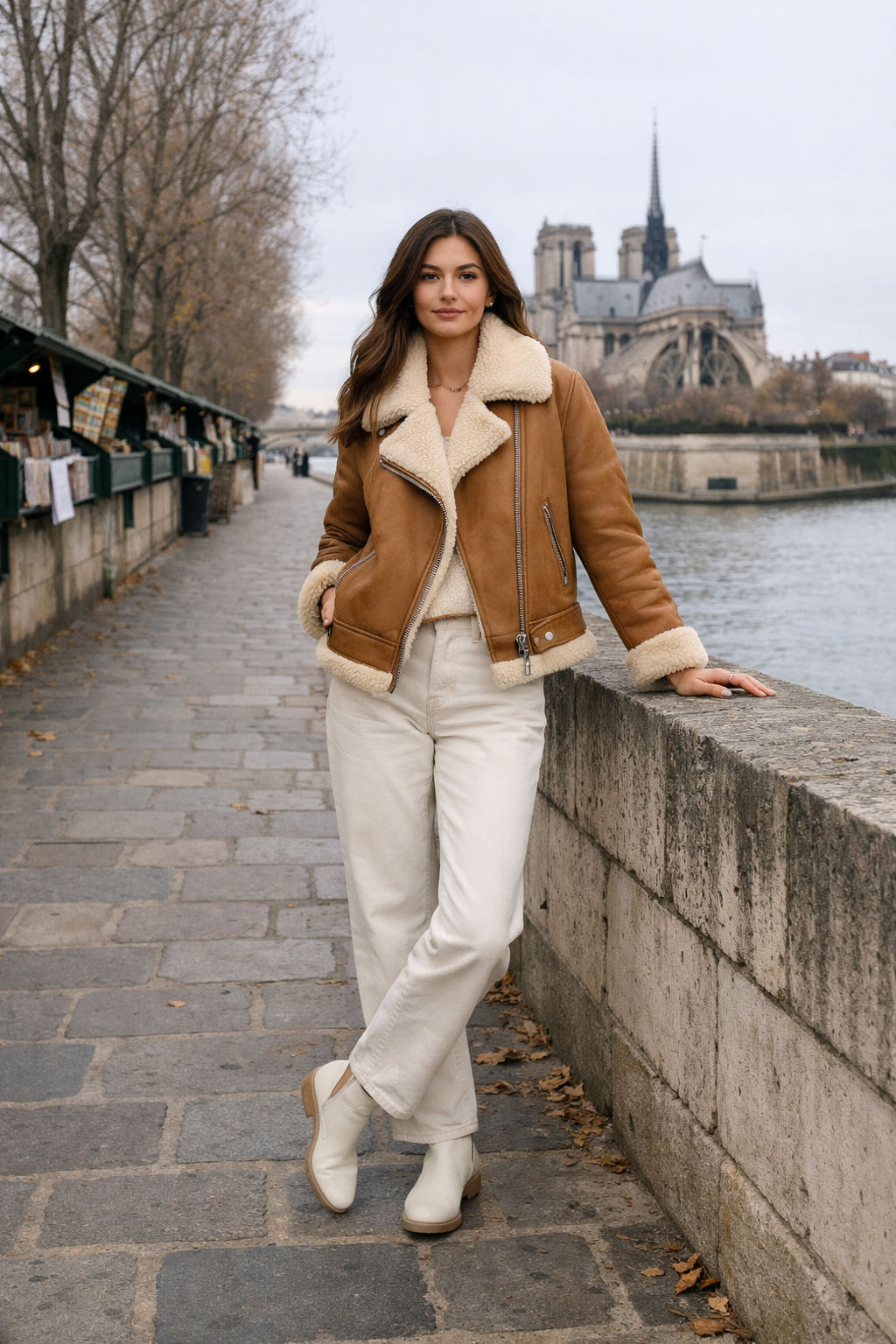 Tan shearling aviator with ecru jeans for paris winter outfits, styled for your destination