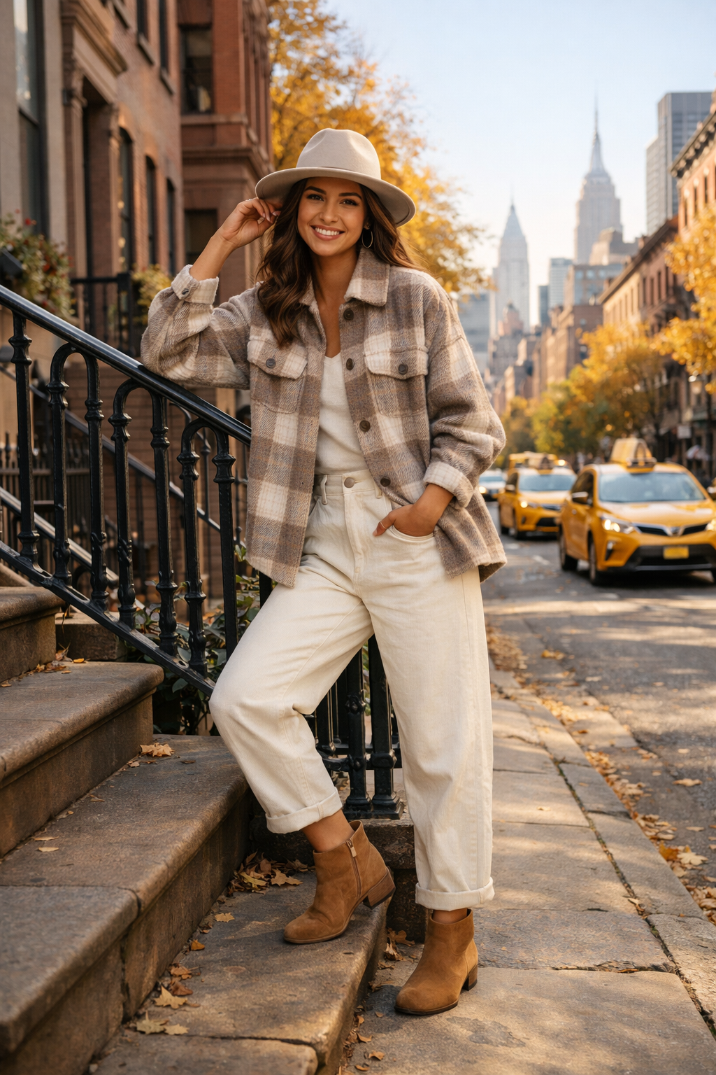 Taupe brushed plaid shacket and cream barrel pants—new york outfits style in destination Taupe brushed plaid shacket and cream barrel pants—new york outfits style in destination