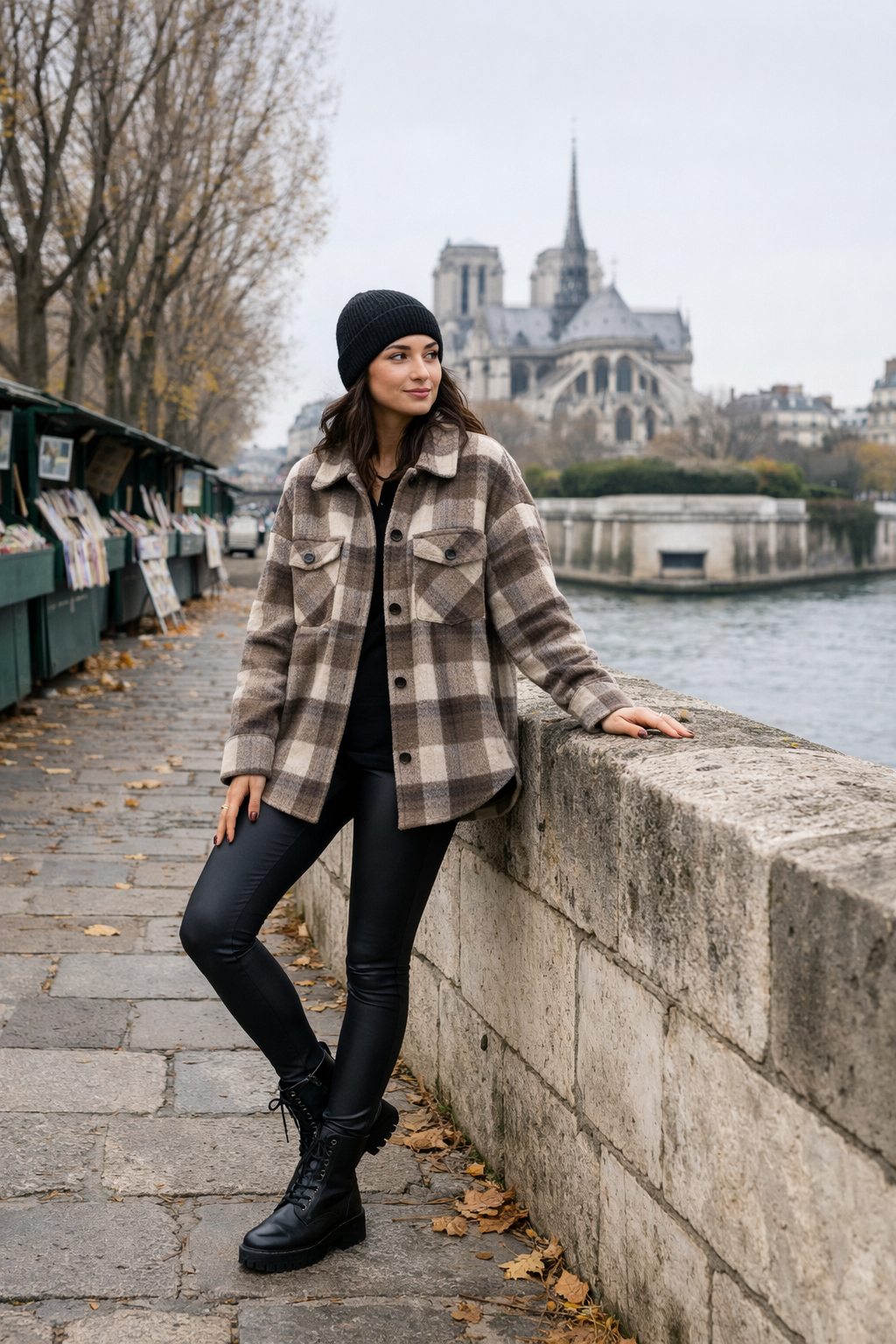 Taupe plaid shacket and black leggings for paris winter outfits in Paris