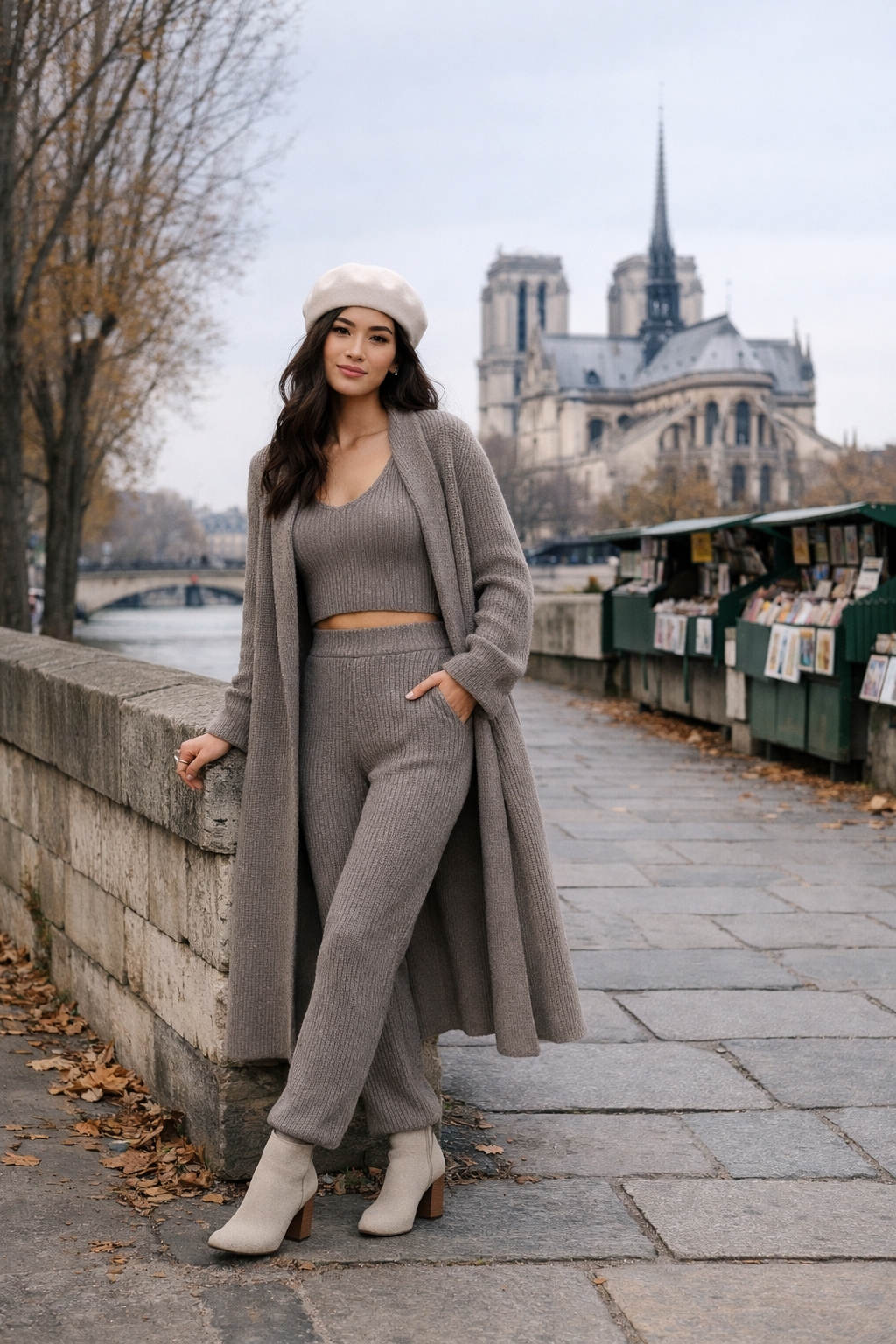 Taupe ribbed knit set with long coat for paris winter outfits, chic winter style in Paris