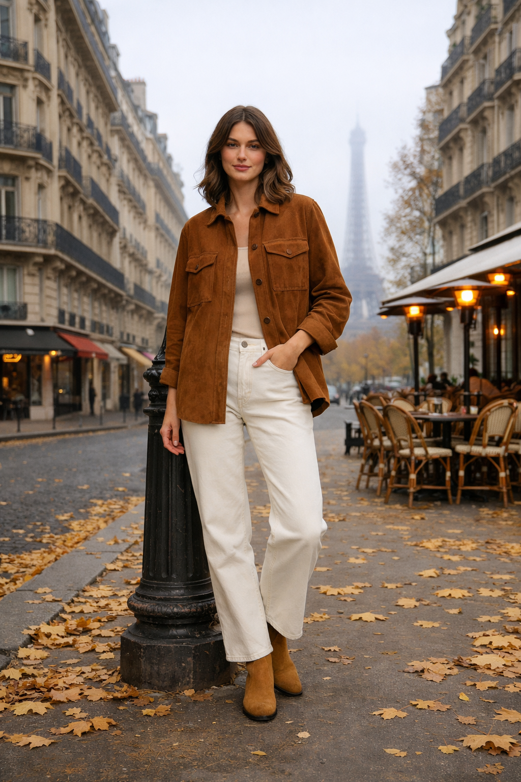 Tobacco suede overshirt and ecru straight jeans for paris outfits november, perfect in destination Tobacco suede overshirt and ecru straight jeans for paris outfits november, perfect in destination