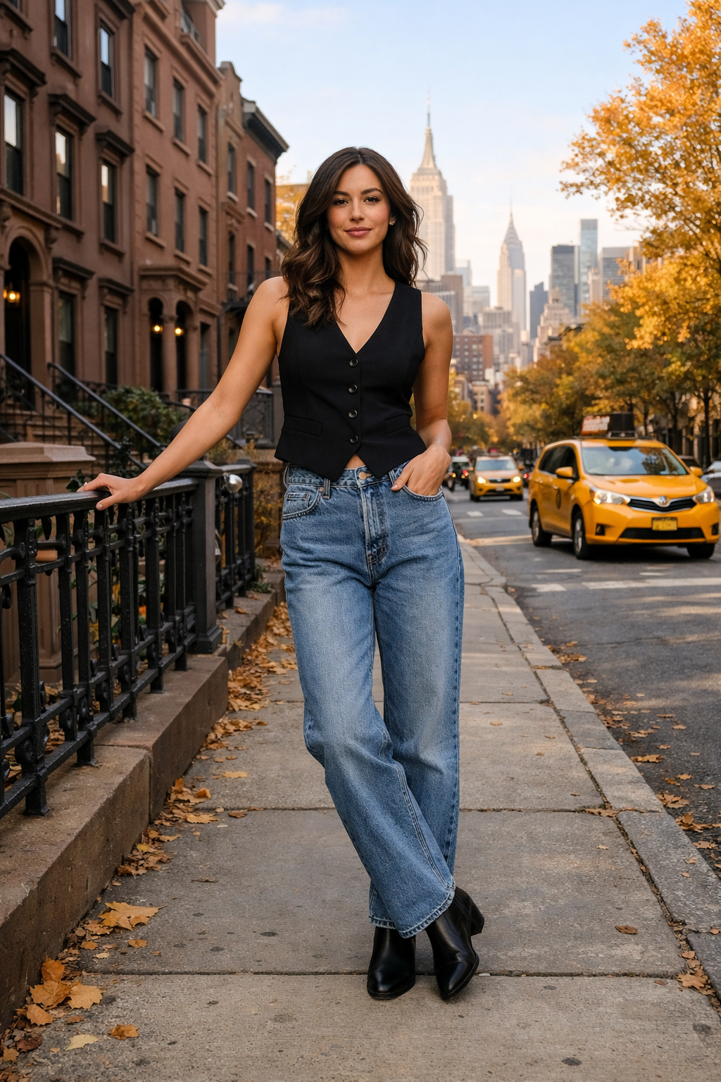 Vintage wash high-rise jeans with black tailored waistcoat—new york outfits for a stylish destination look Vintage wash high-rise jeans with black tailored waistcoat—new york outfits for a stylish destination look