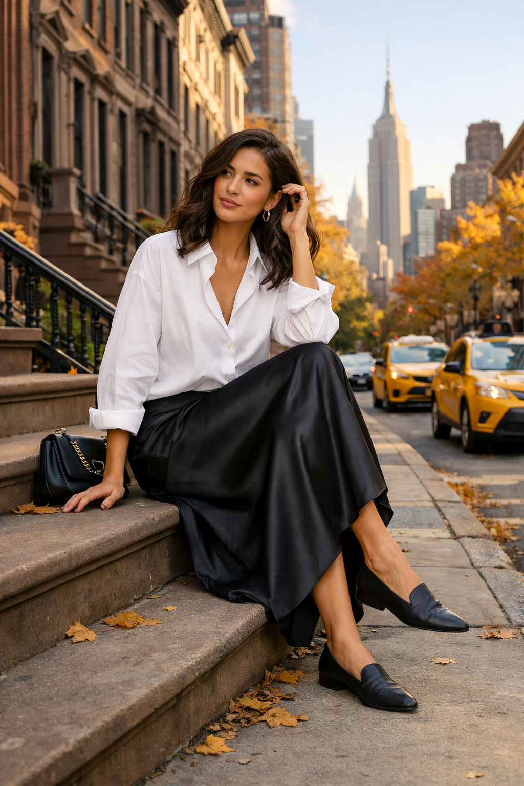 White poplin oversized shirt with black satin maxi skirt—new york outfits for effortless style, Destination: White poplin oversized shirt with black satin maxi skirt—new york outfits for effortless style, Destination: