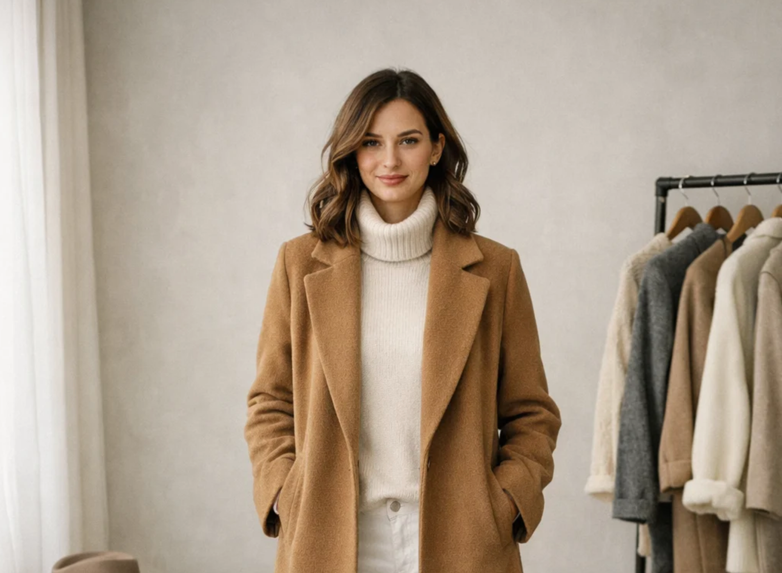 Long camel wool coat for european winter capsule wardrobe in destination, sleek layering for cold days