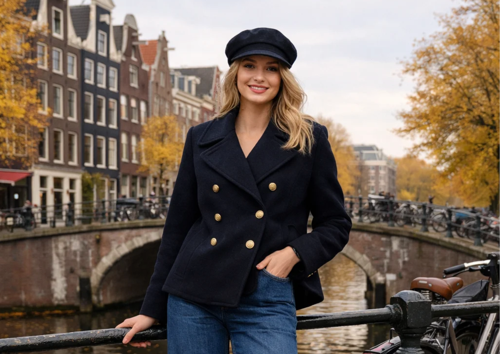 Navy wool double-breasted peacoat with wide-leg denim—perfect for amsterdam outfits in Amsterdam