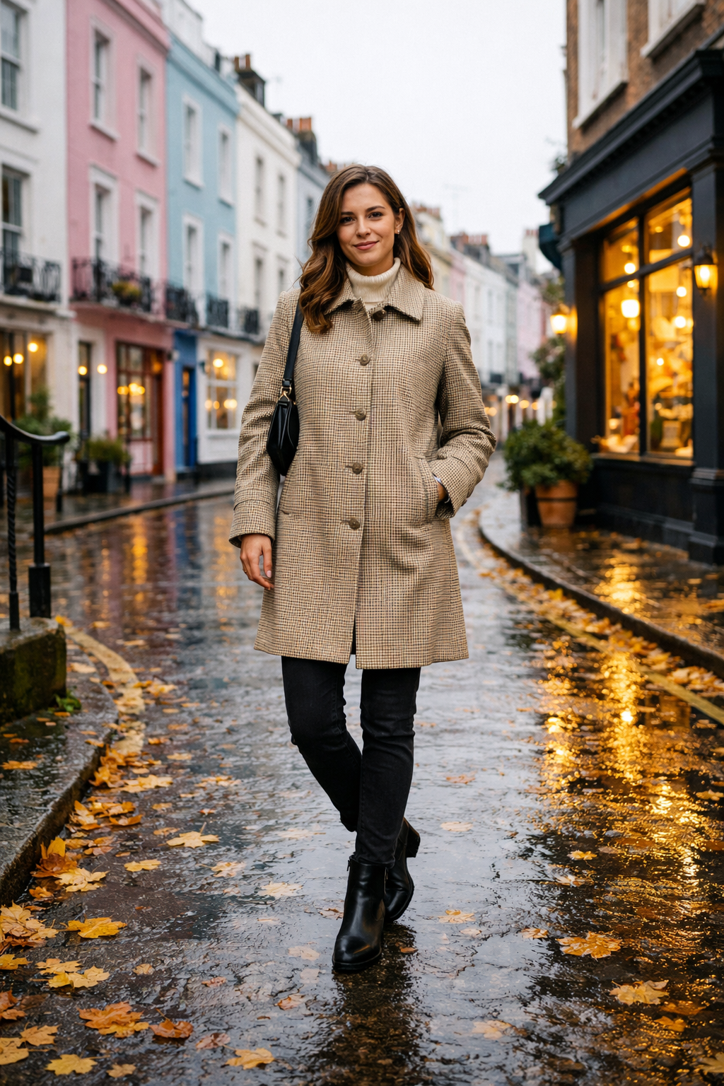 Beige houndstooth mac with covered buttons for london outfits november, ideal for your London stay