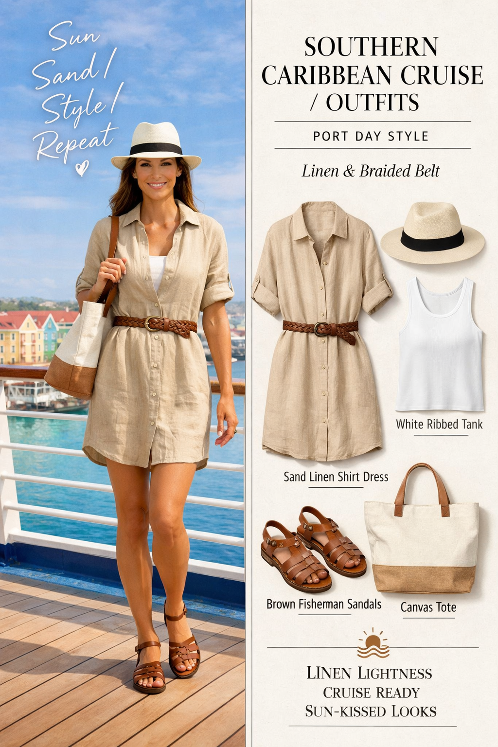 Belted sand linen shirt dress with rolled sleeves—perfect for southern caribbean cruise outfits in the Caribbean Belted sand linen shirt dress with rolled sleeves—perfect for southern caribbean cruise outfits in the Caribbean
