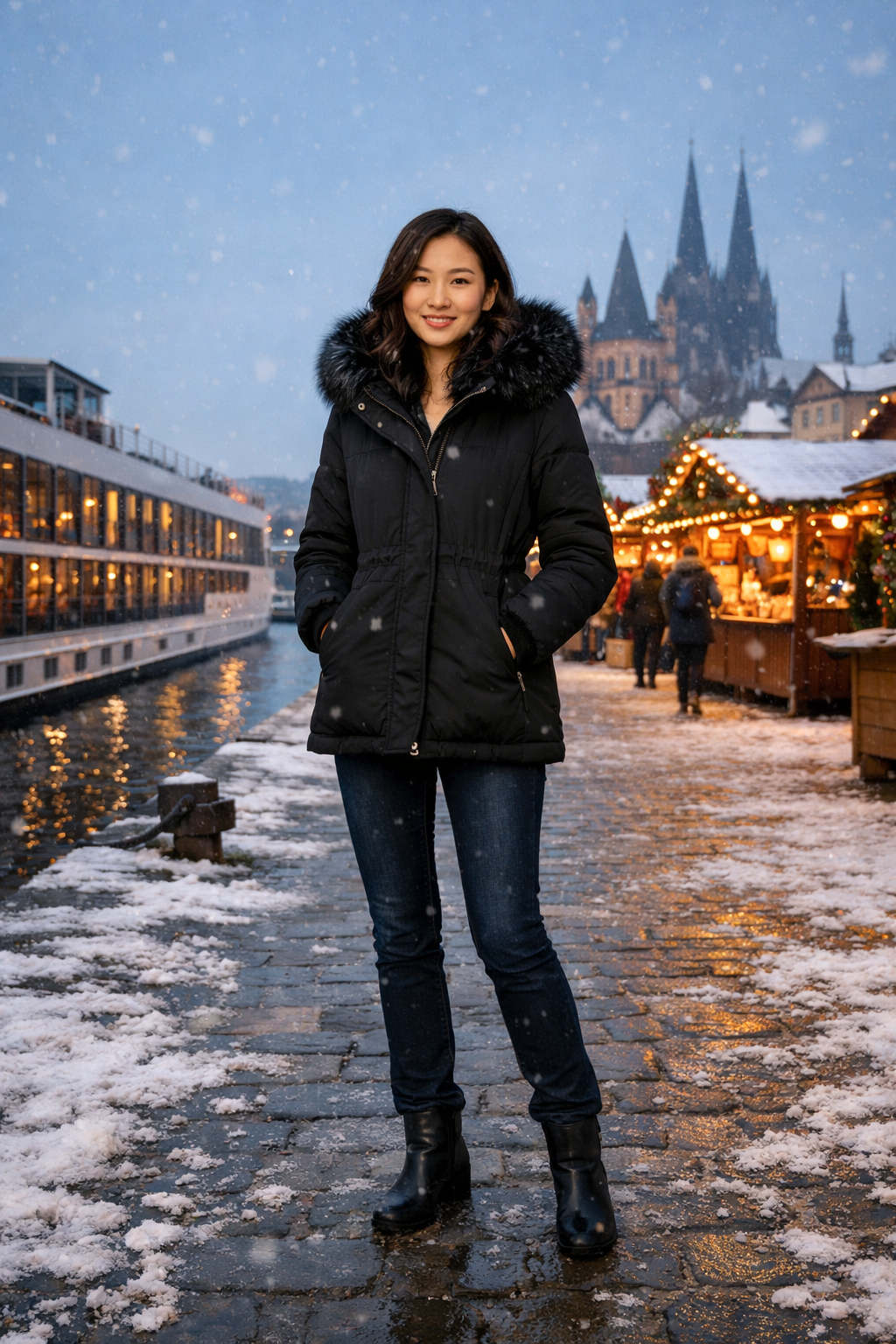 Black faux fur trim parka with dark jeans for christmas market river cruise outfits in destination Black faux fur trim parka with dark jeans for christmas market river cruise outfits in destination
