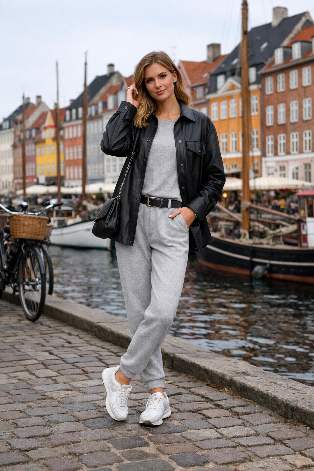 Black leather overshirt with soft grey basics for copenhagen outfits, perfect Copenhagen street style Black leather overshirt with soft grey basics for copenhagen outfits, perfect Copenhagen street style