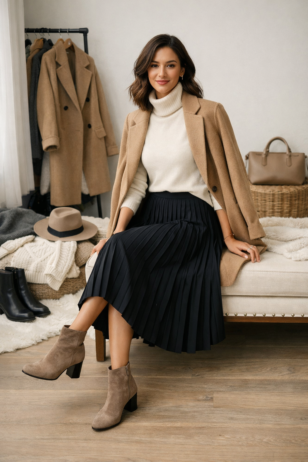 Black pleated midi skirt styling for european winter capsule wardrobe in Paris Black pleated midi skirt styling for european winter capsule wardrobe in Paris