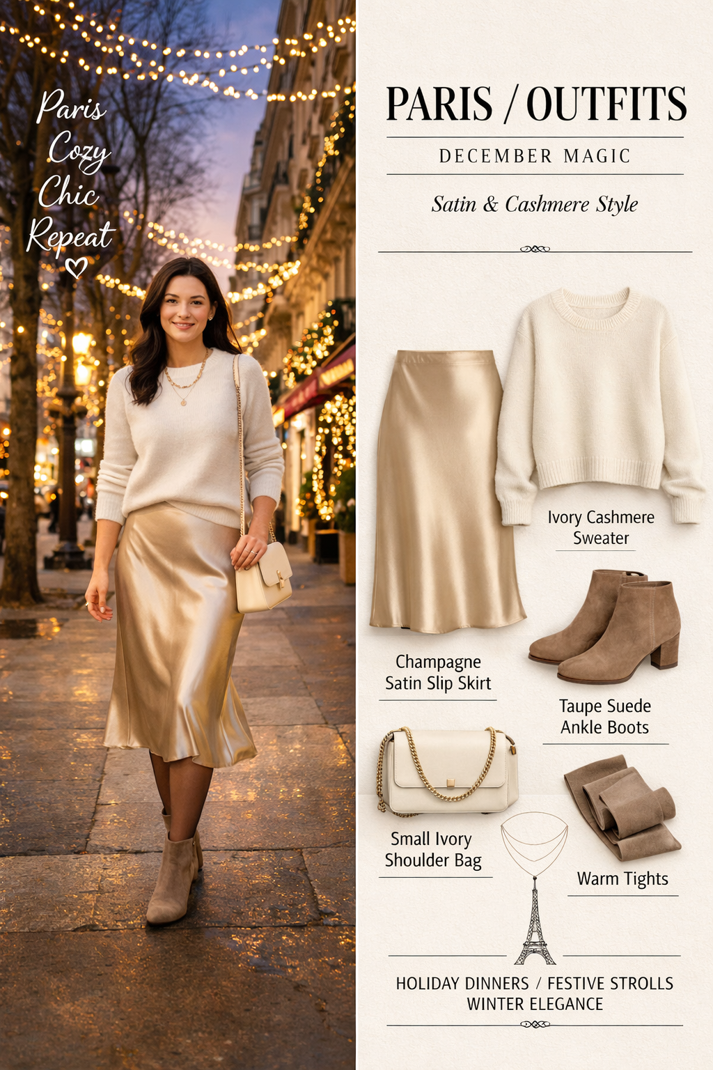 Champagne satin slip skirt for paris christmas outfits, chic holiday look in Paris Champagne satin slip skirt for paris christmas outfits, chic holiday look in Paris