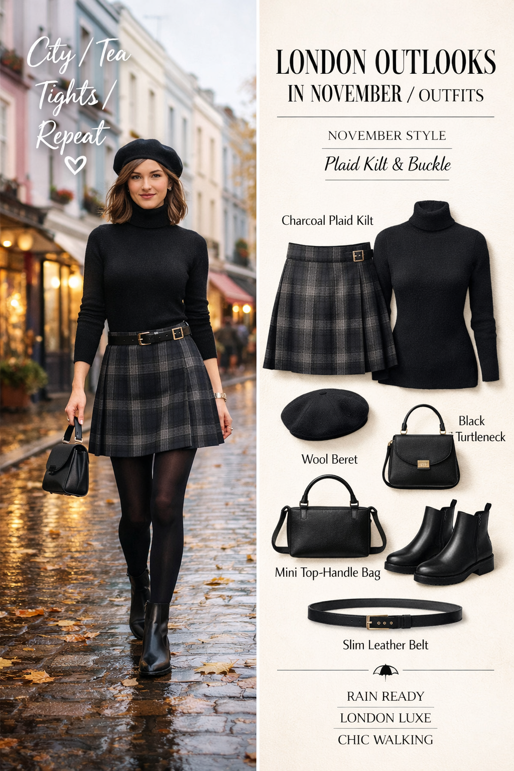 Charcoal plaid wool kilt with buckle detail for london outfits november in London