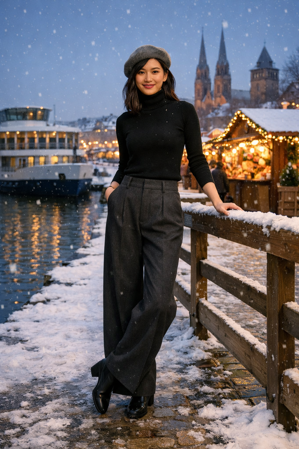 Charcoal wide-leg wool trousers with fitted knit for christmas market river cruise outfits in the destination Charcoal wide-leg wool trousers with fitted knit for christmas market river cruise outfits in the destination