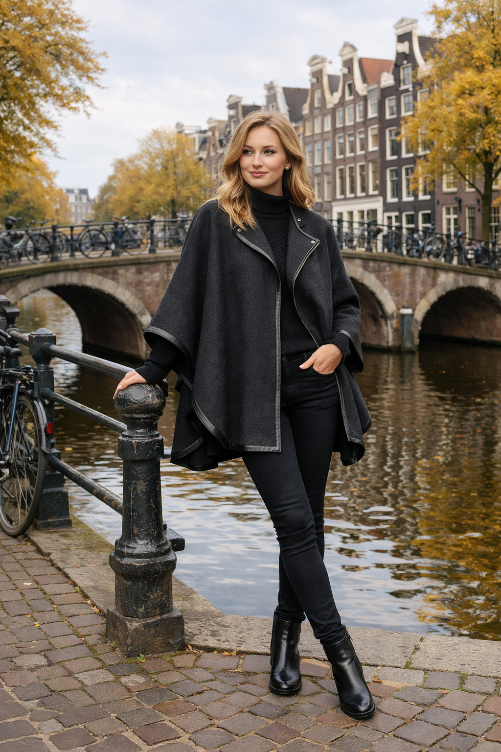 Charcoal wool cape coat with leather-trimmed edges—amsterdam outfits in Destination Charcoal wool cape coat with leather-trimmed edges—amsterdam outfits in Destination