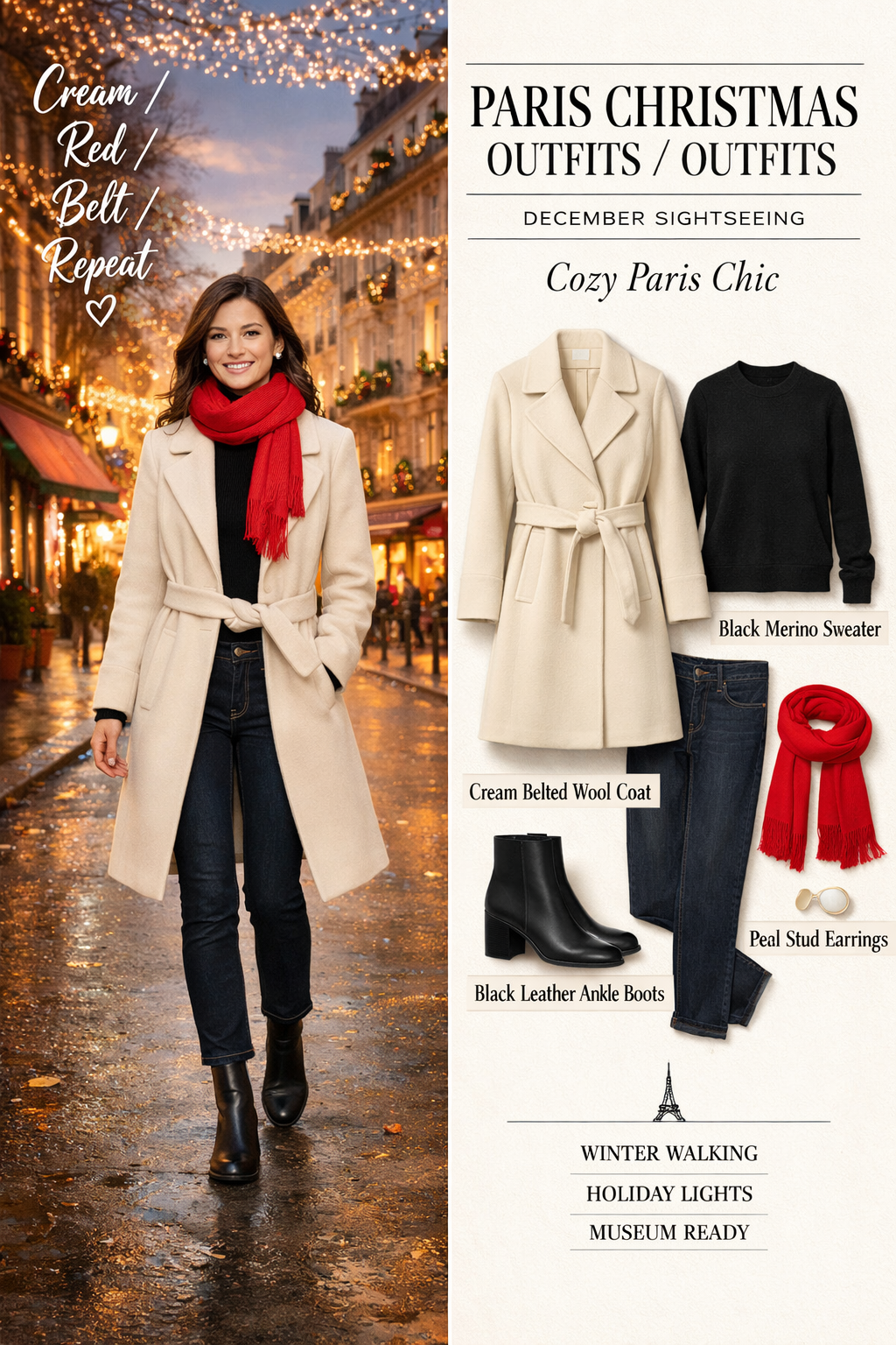 Cream belted wool coat for paris christmas outfits, perfect winter look in Paris Cream belted wool coat for paris christmas outfits, perfect winter look in Paris