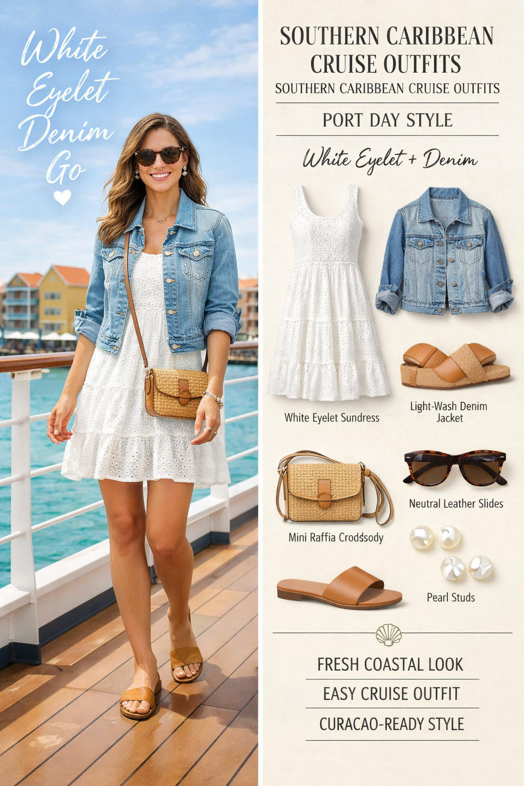 Crisp white eyelet sundress with denim jacket—southern caribbean cruise outfits for your beach day in the Bahamas Crisp white eyelet sundress with denim jacket—southern caribbean cruise outfits for your beach day in the Bahamas