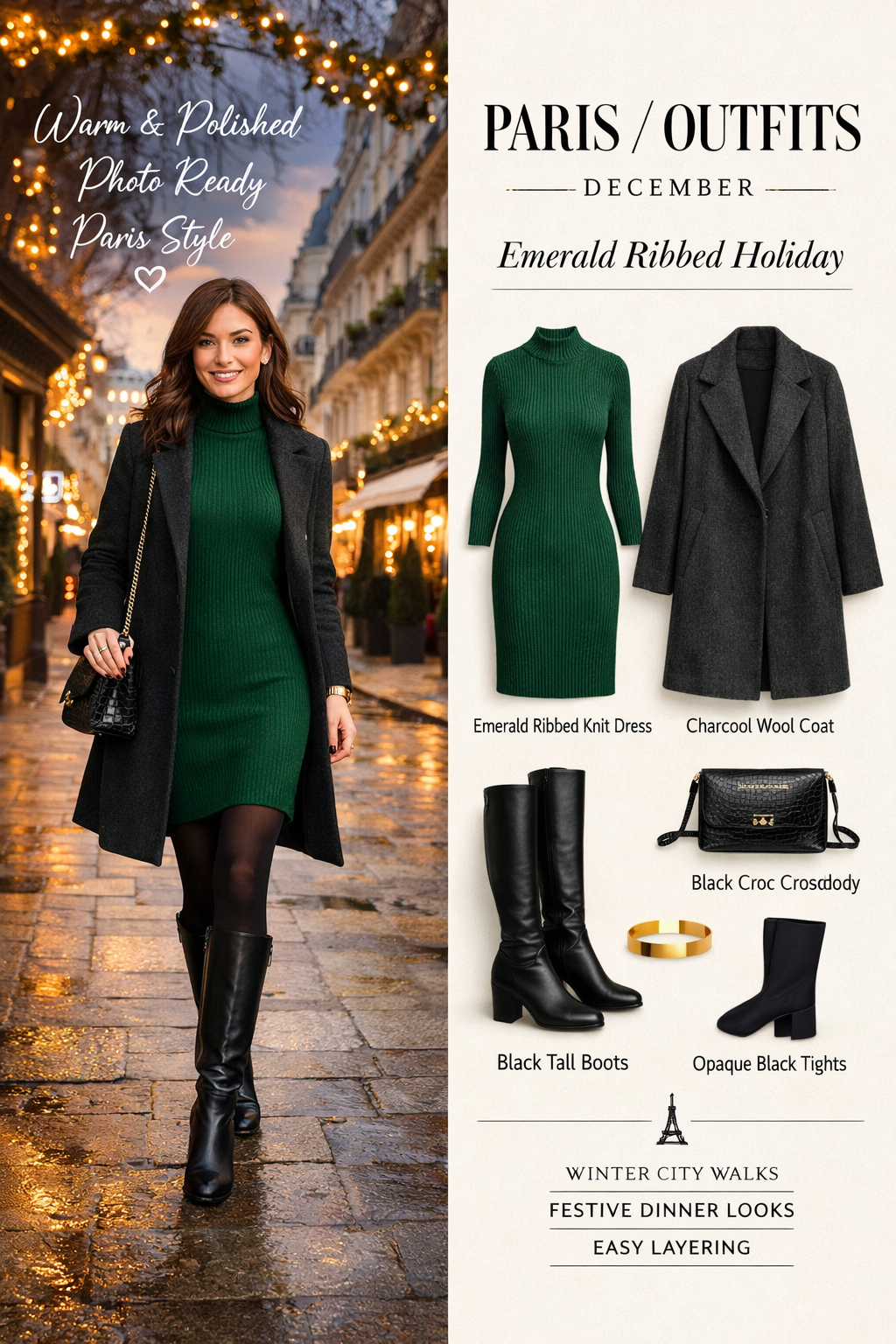 Emerald ribbed knit dress for paris christmas outfits, winter chic in Paris Emerald ribbed knit dress for paris christmas outfits, winter chic in Paris