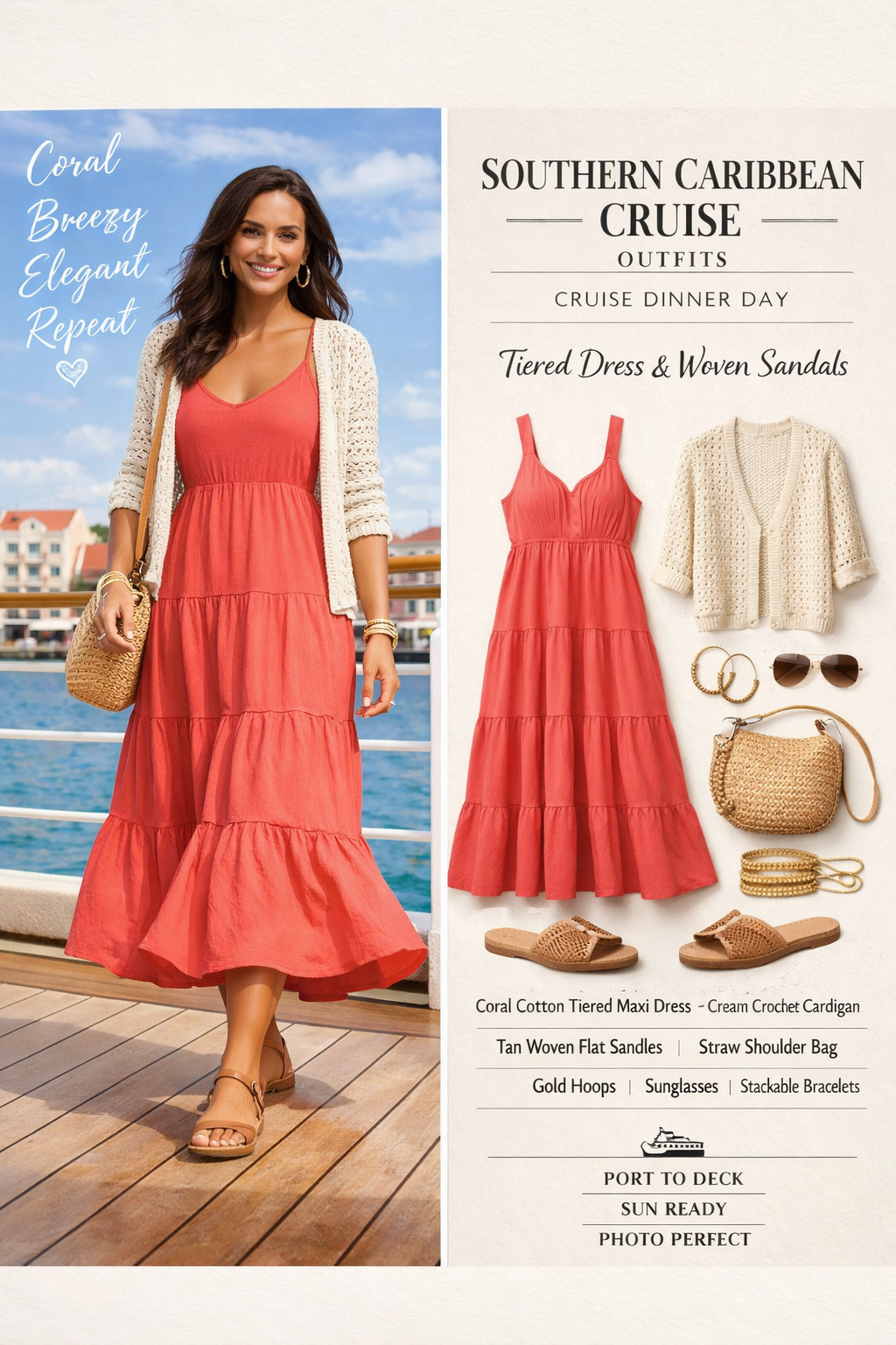 Flowy tiered maxi dress and woven sandals for southern caribbean cruise outfits in the Caribbean. Flowy tiered maxi dress and woven sandals for southern caribbean cruise outfits in the Caribbean.
