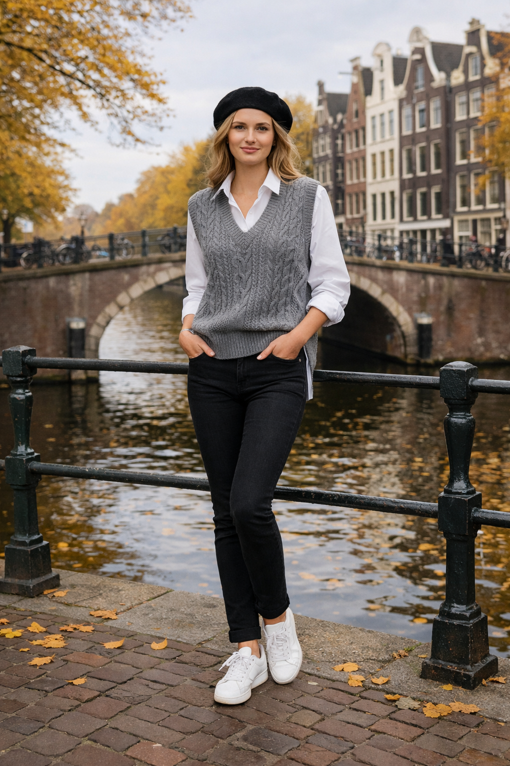 Gray cable-knit sweater vest over crisp poplin shirt—perfect for amsterdam outfits in Amsterdam Gray cable-knit sweater vest over crisp poplin shirt—perfect for amsterdam outfits in Amsterdam