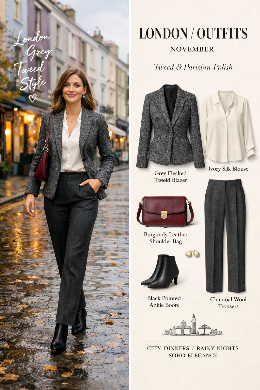 Grey flecked tweed blazer with nipped waist—ideal for london outfits november in London