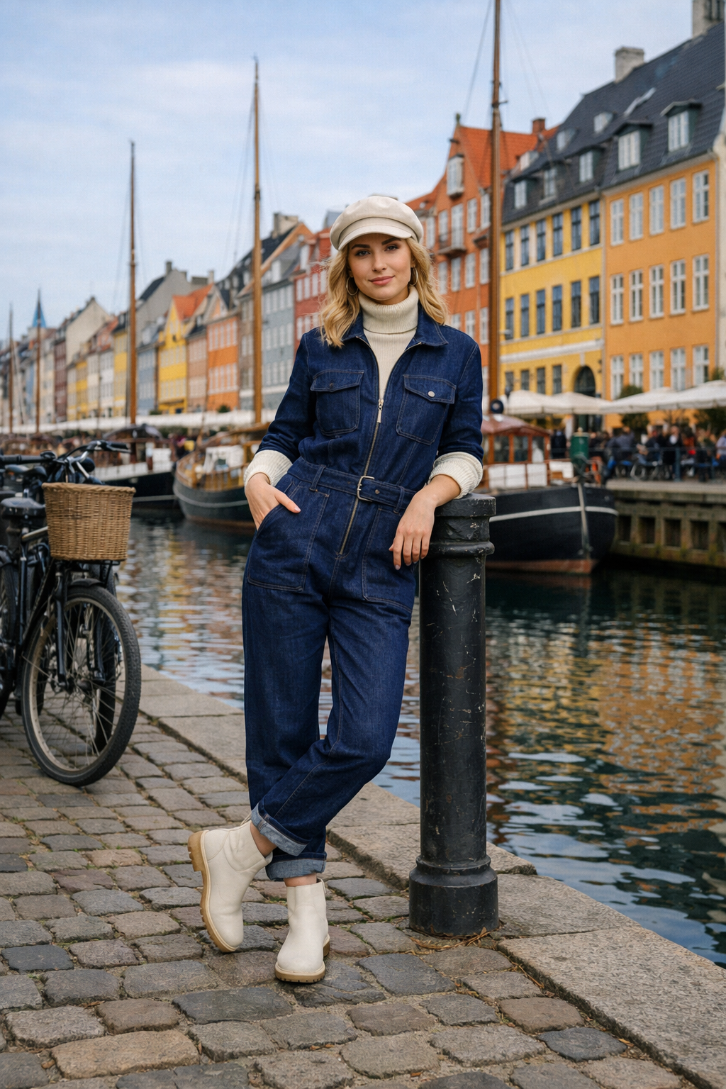 Indigo denim utility jumpsuit with cream layers—copenhagen outfits in the city streets Indigo denim utility jumpsuit with cream layers—copenhagen outfits in the city streets