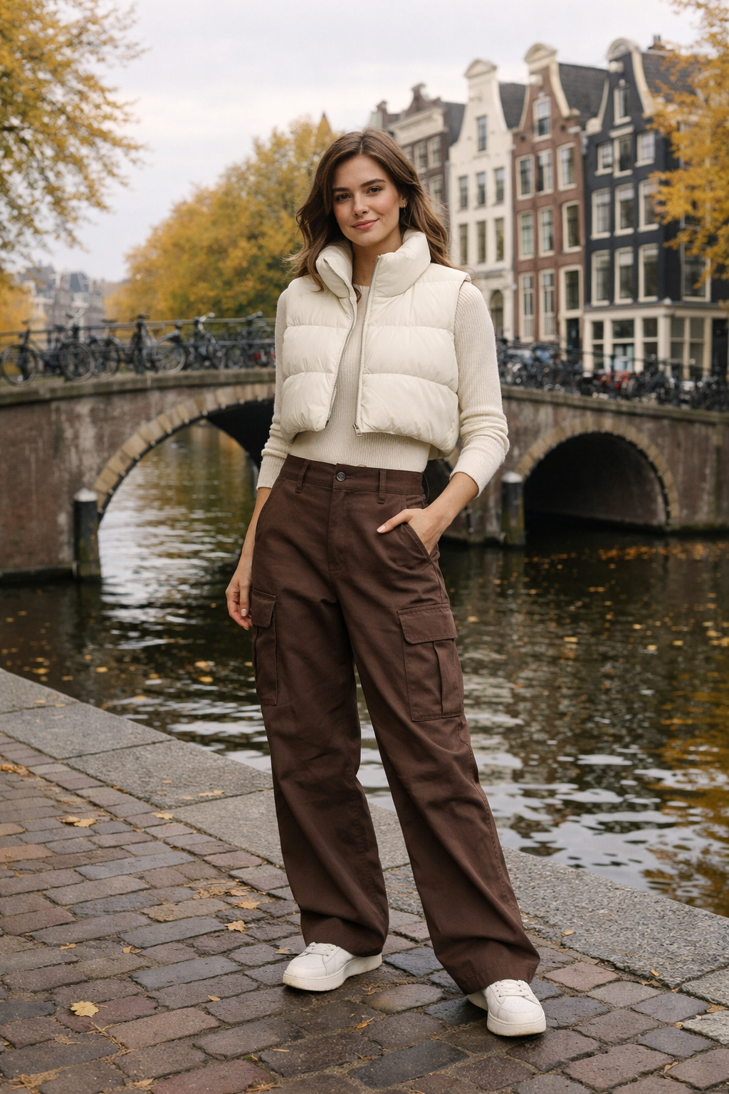 Ivory quilted cropped vest & chocolate cargo pants for amsterdam outfits—perfect for city strolls Ivory quilted cropped vest & chocolate cargo pants for amsterdam outfits—perfect for city strolls